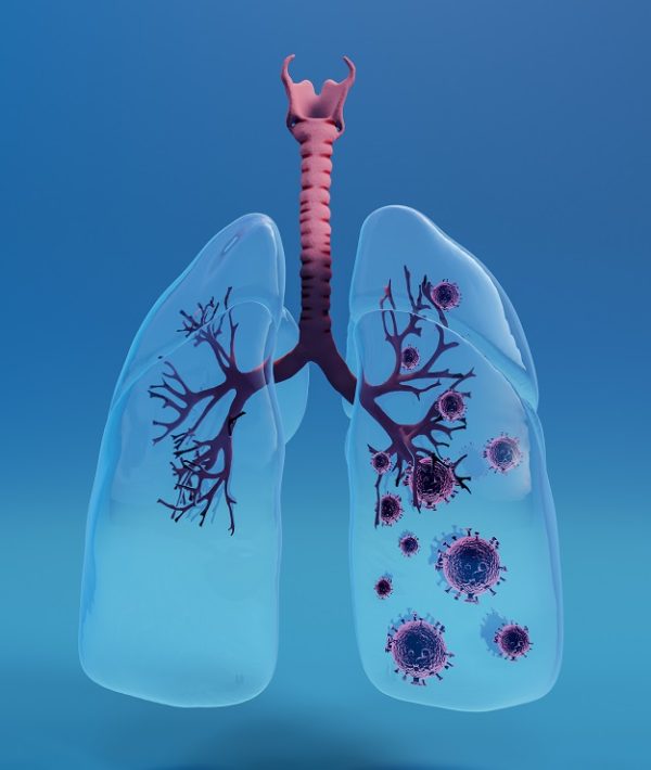 Glass Lung with Covid 19 , Coronavirus 2019-n, Microscopic view of floating influenza virus cells. 3d rendering.